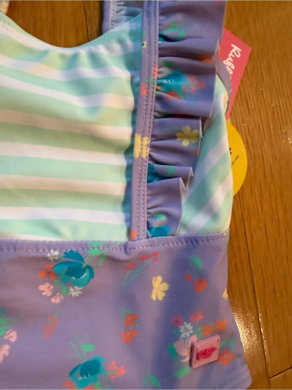 Ruffle Butts Lavender Floral Ruffle-Shoulder One-Piece with Mint Stripes